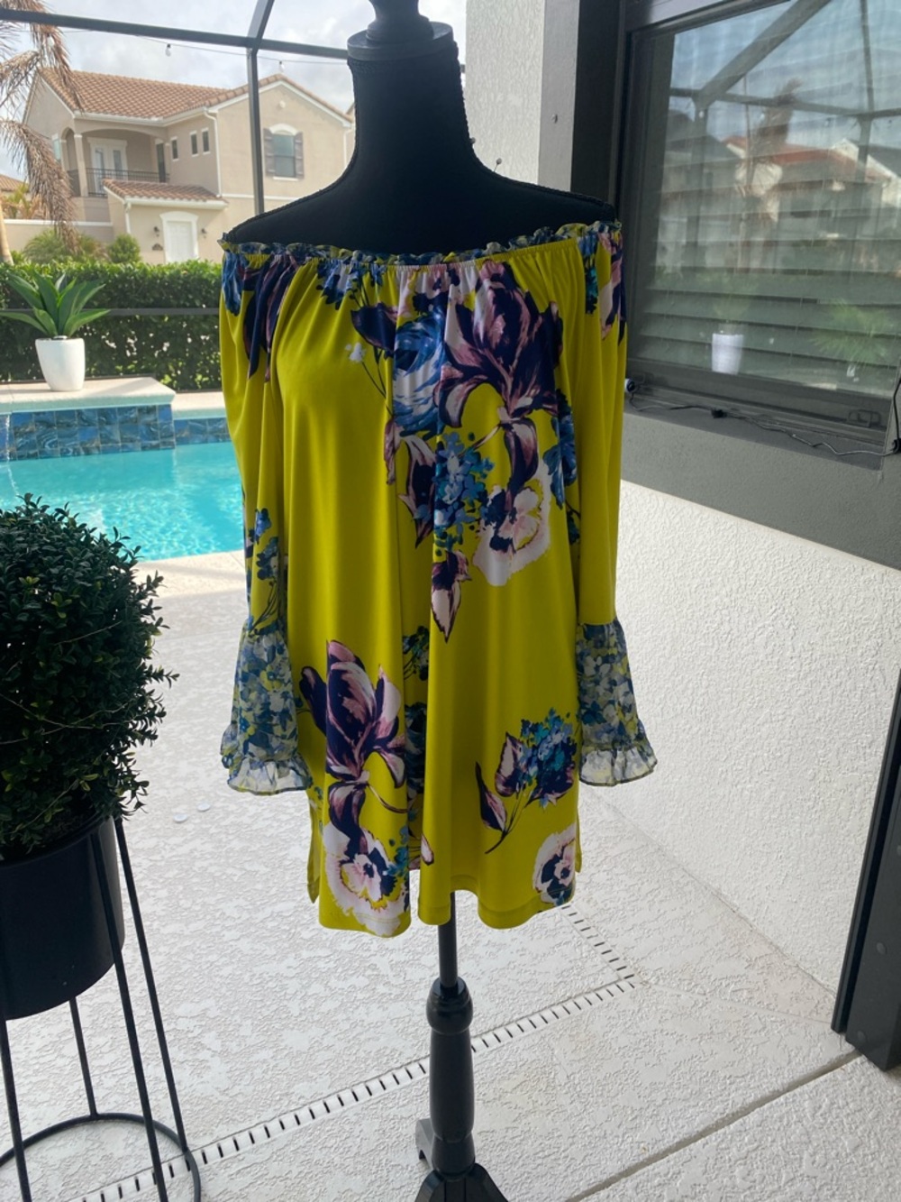 Susan Graver Lime Green Floral Off-Shoulder Blouse